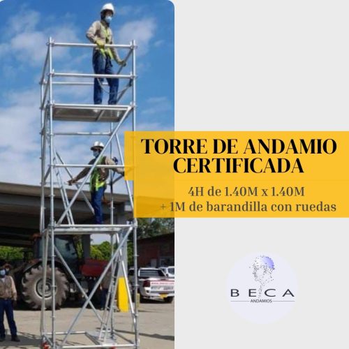 Torre de andamio certificada 4h 1,50m x 1,40m + 1m de barandilla